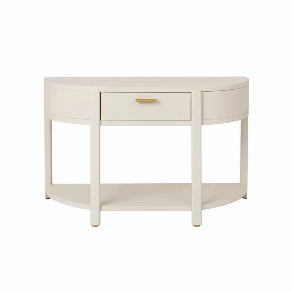 Mesa consola de MDF lacado PU crema con cajón central y estante inferior estructura madera maciza 110 x 40 x 80 cm