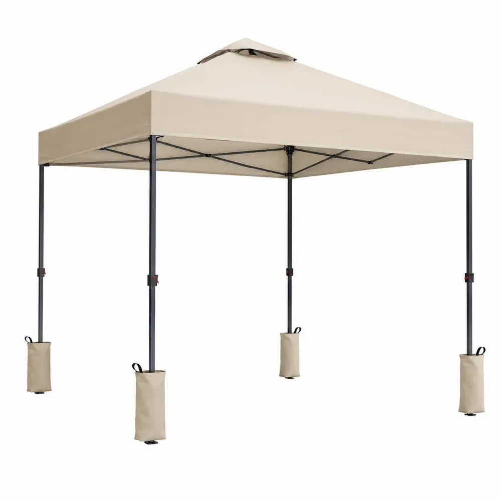 Gazebo plegable de exterior 3 x 3 m con estructura de acero negro toldo de poliéster beige y bolsas de lastre