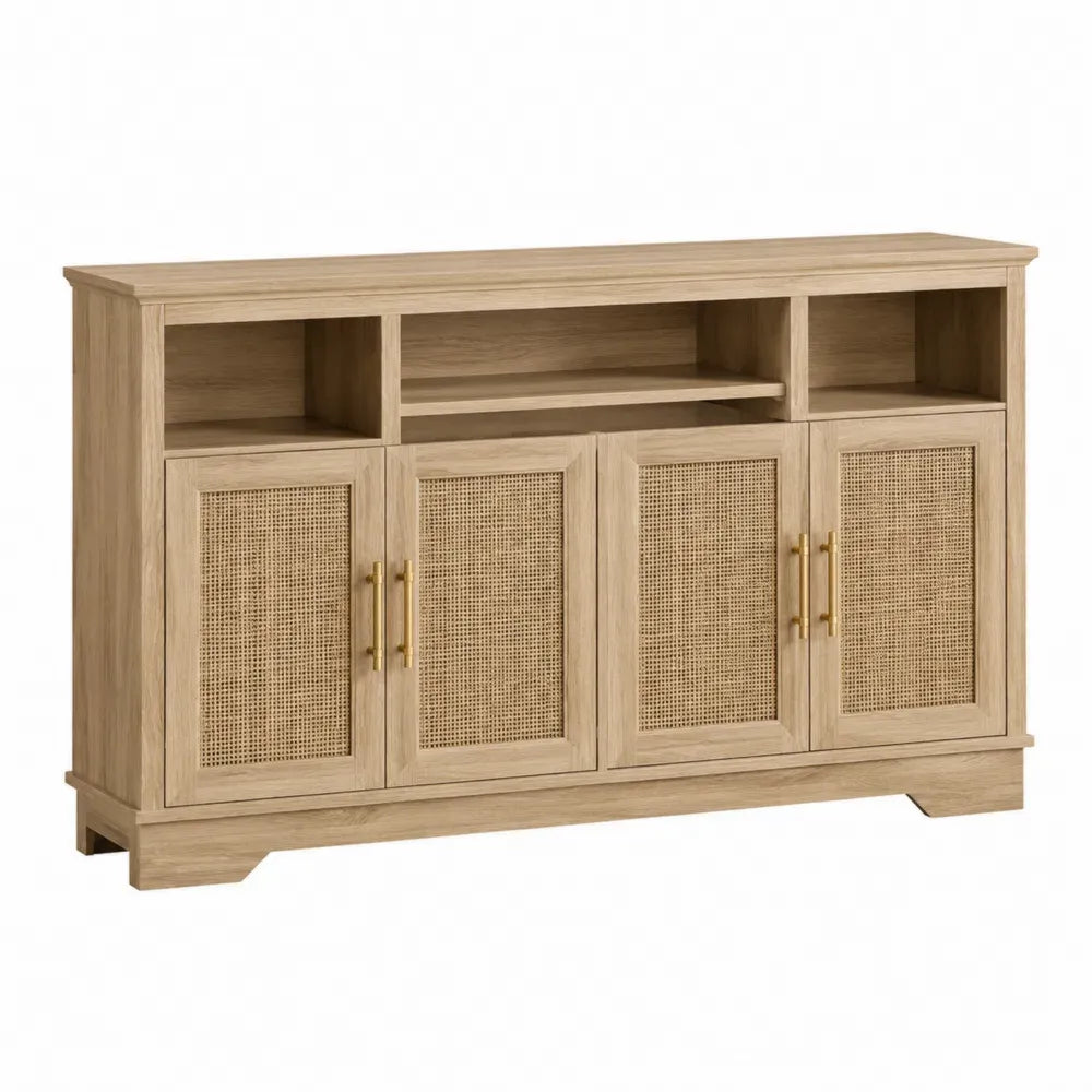 Aparador buffet de madera clara MDF chapado en roble con 4 puertas de ratán natural y estante abierto 160 x 40 x 80 cm