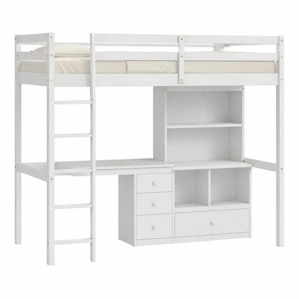 Cama alta de tablero de partículas blanco con escritorio estantería cajones escalera y barandillas 205 x 95 x 180 cm
