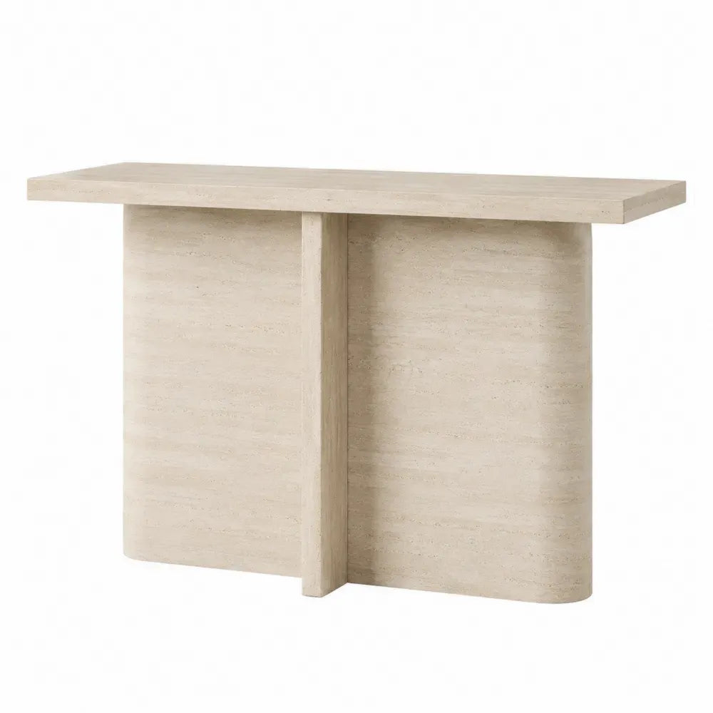 Mesa consola de MDF con acabado efecto travertino base central curva forma rectangular 120 x 40 x 80 cm color beige