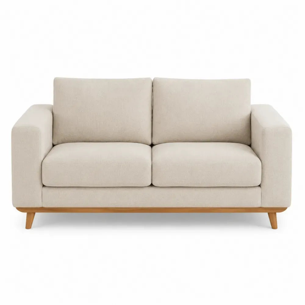 sofá de 2 plazas tapizado tejido poliéster beige estructura madera maciza patas de madera longitud 160 cm ancho 85 cm alto 80 cm