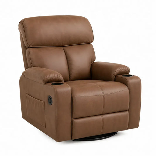 sillón reclinable de 1 plaza tapizado piel sintética PU marrón con portavasos base oscilante reposapiés extensible altura 102 cm ancho 88 cm profundidad 92 cm