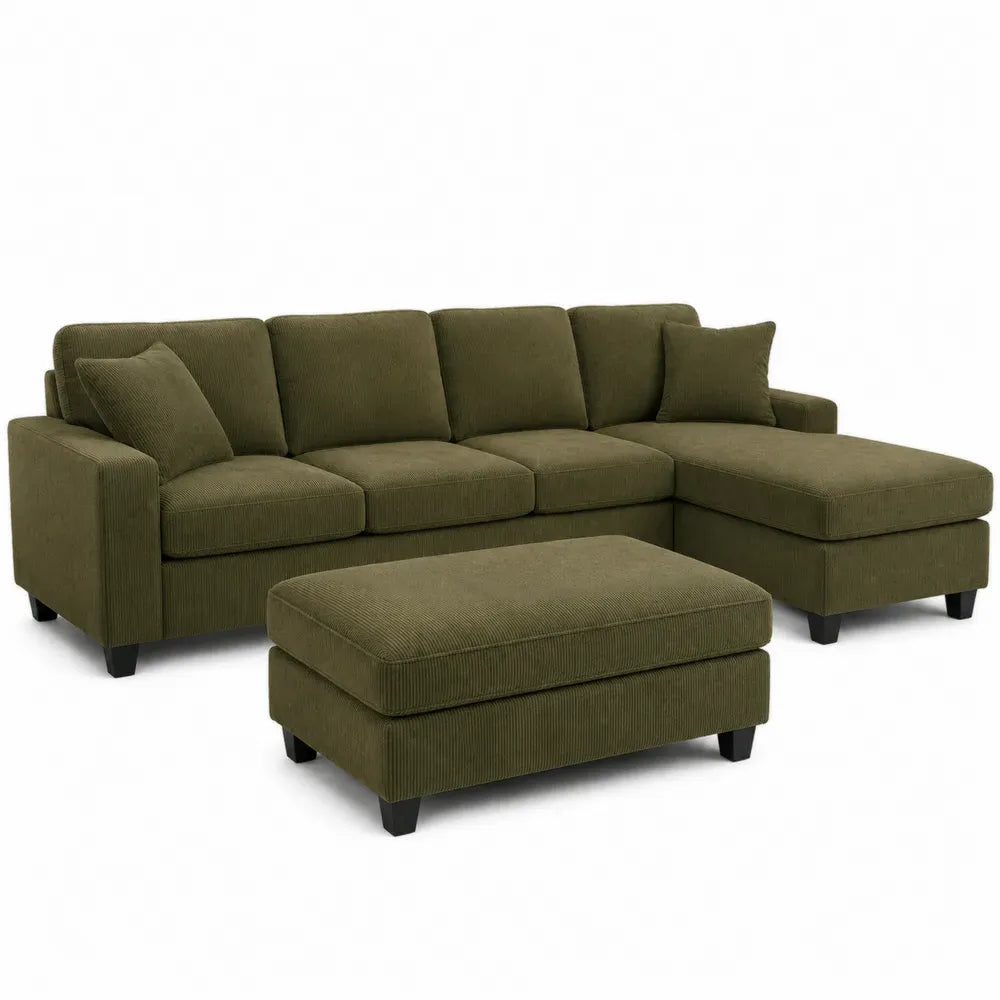 sofá modular en L 260 cm largo 160 cm fondo 85 cm alto tejido de pana poliéster verde oliva con chaise longue y reposapiés estructura de madera maciza 4 plazas