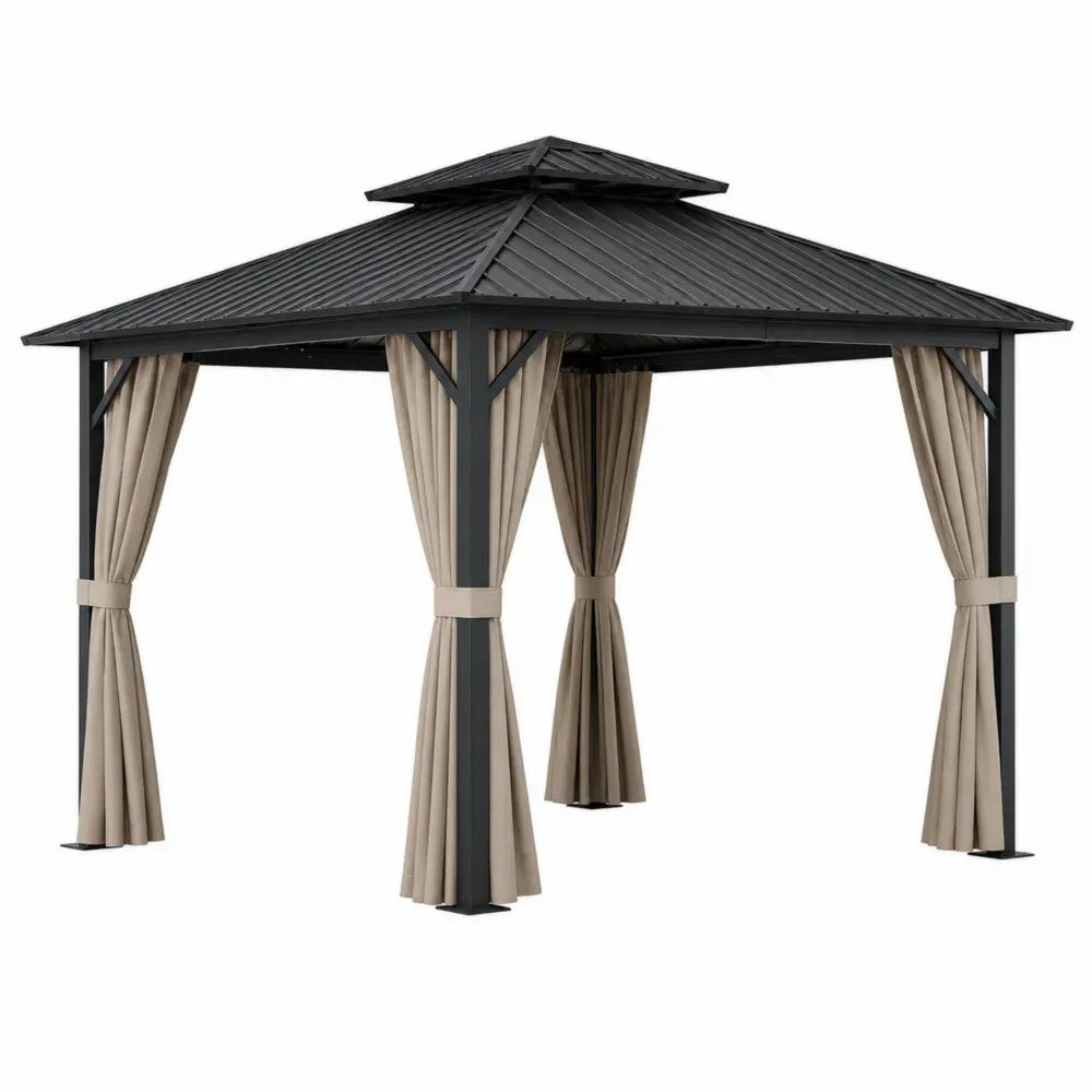 pérgola de jardín 300x300x260 cm con techo metálico rígido estructura de acero negro y cortinas beige cenador exterior
