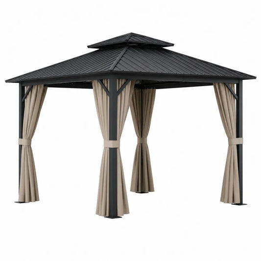 pérgola de jardín 300x300x260 cm con techo metálico rígido estructura de acero negro y cortinas beige cenador exterior