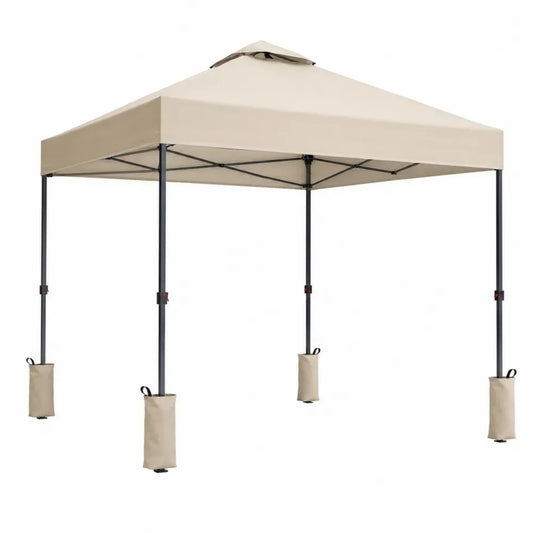 Gazebo plegable de exterior 3 x 3 m con estructura de acero negro toldo de poliéster beige y bolsas de lastre