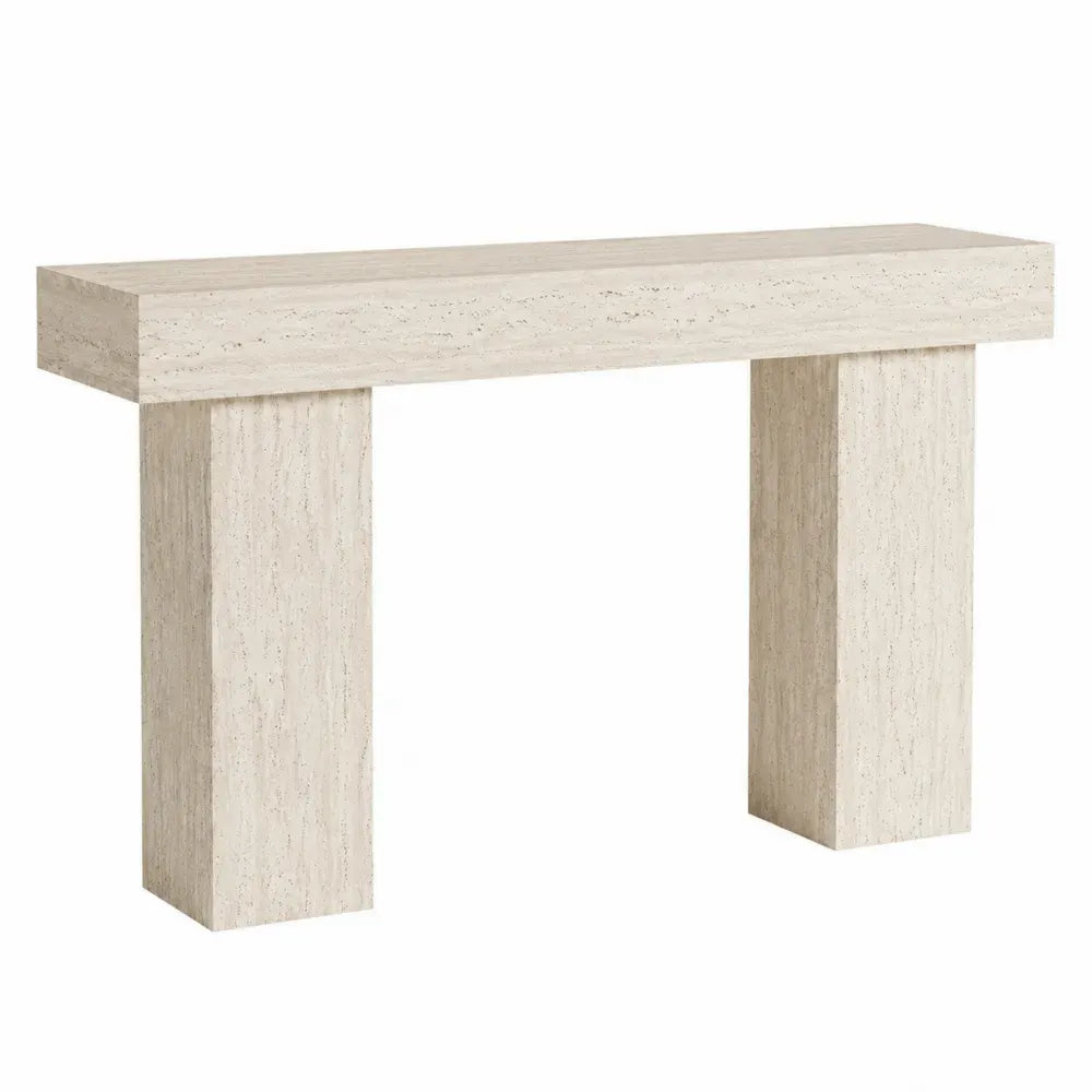 Mesa consola rectangular de MDF efecto travertino beige con base de doble bloque 120 x 35 x 80 cm