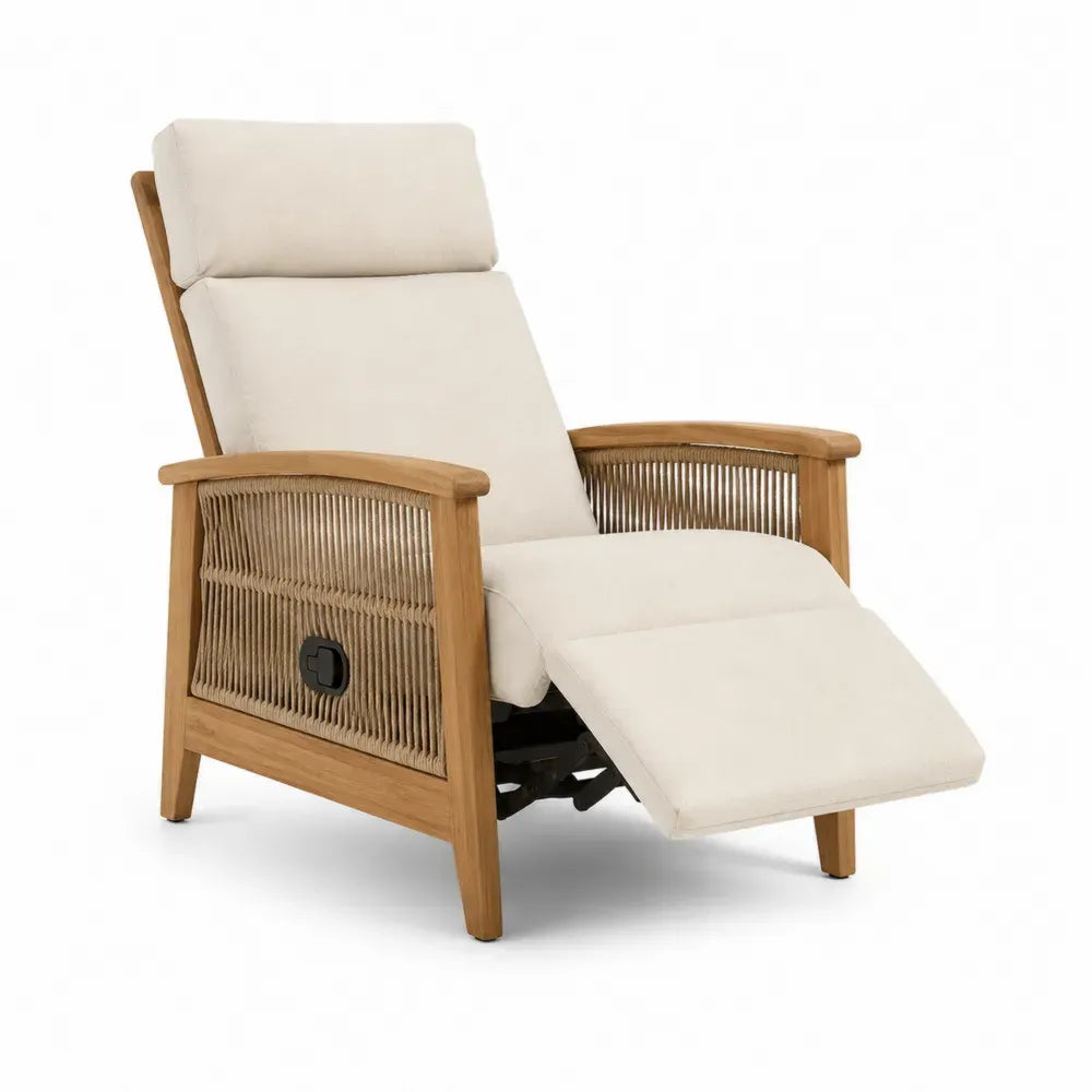 Silla reclinable de exterior con reposapiés extensible de madera de acacia ratán PE y cojines beige 160 x 70 x 95 cm