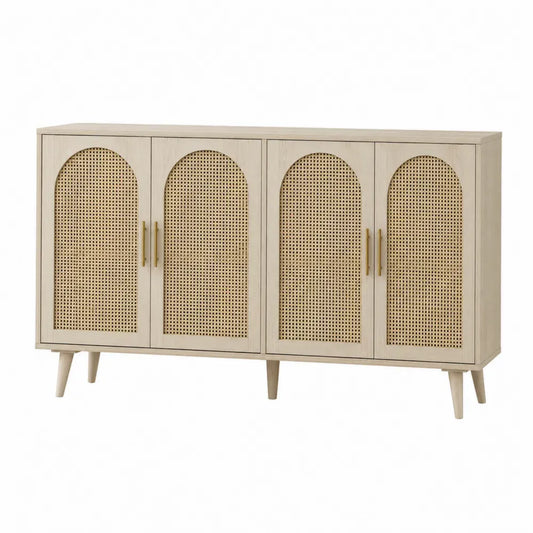 Aparador rectangular de MDF madera clara con 4 puertas de ratán natural y tiradores dorados 160 x 40 x 80 cm