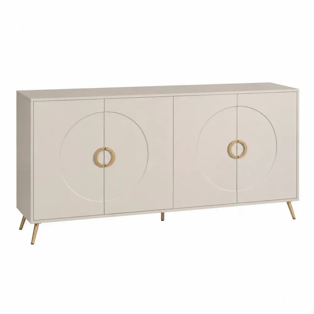 Aparador moderno con 4 puertas diseño circular MDF color beige con patas metálicas doradas estilo minimalista