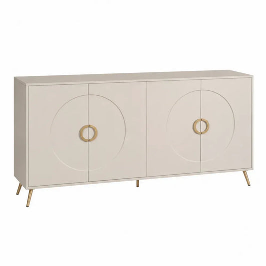 Aparador moderno con 4 puertas dise?o circular MDF color beige con patas metálicas doradas estilo minimalista