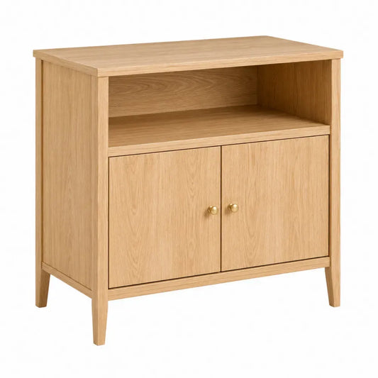 Armario archivador de oficina de MDF efecto roble claro 80 cm x 35 cm x 80 cm con puertas dobles y estante abierto con patas inclinadas