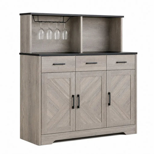 Aparador de cocina y comedor de MDF gris roble con copero cajones puertas y tablero negro 140 x 45 x 160 cm