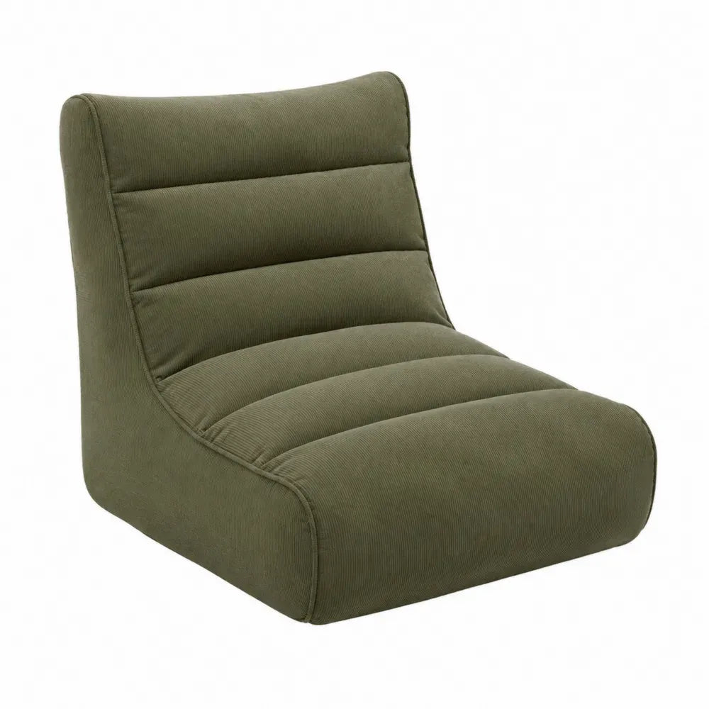 sillón individual tapizado en pana de poliéster verde oliva 95 cm largo 90 cm ancho 75 cm alto estructura de madera asiento acolchado dise?o bajo sin reposabrazos