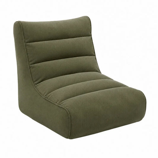 sillón individual tapizado en pana de poliéster verde oliva 95 cm largo 90 cm ancho 75 cm alto estructura de madera asiento acolchado dise?o bajo sin reposabrazos