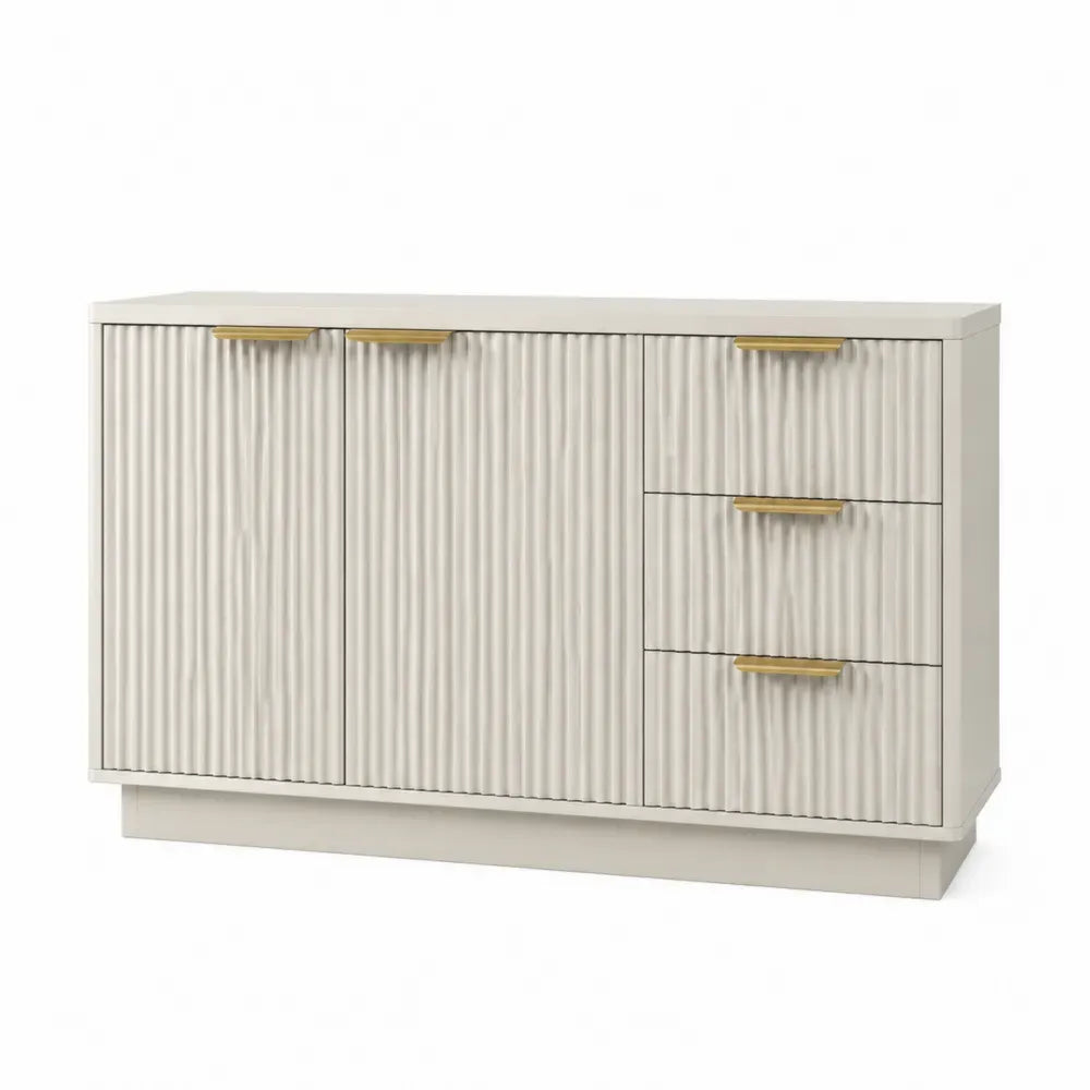 Aparador buffet de MDF con puertas acanaladas y cajones estructura rectangular beige dorado 160 x 40 x 80 cm