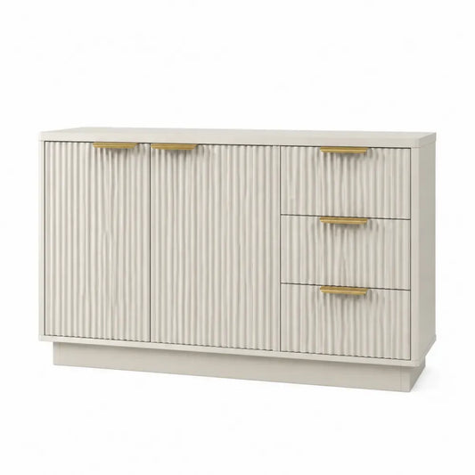 Aparador buffet de MDF con puertas acanaladas y cajones estructura rectangular beige dorado 160 x 40 x 80 cm