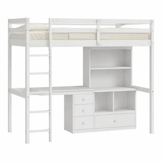 Cama alta de tablero de partículas blanco con escritorio estantería cajones escalera y barandillas 205 x 95 x 180 cm
