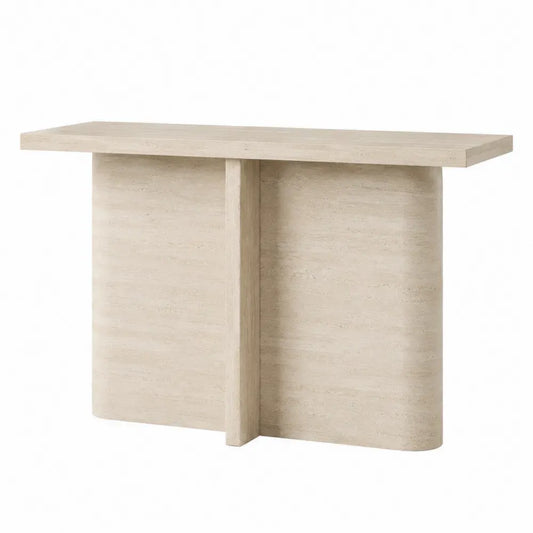 Mesa consola de MDF con acabado efecto travertino base central curva forma rectangular 120 x 40 x 80 cm color beige