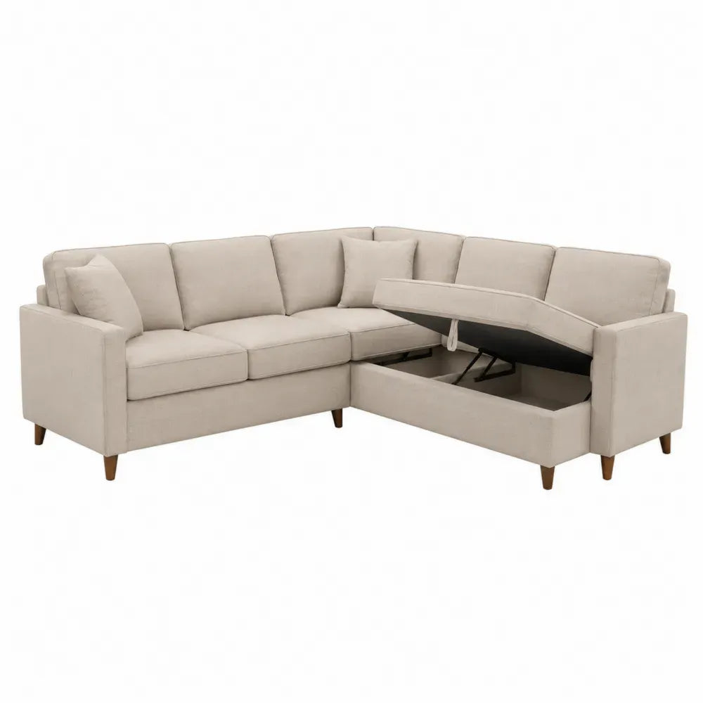 sofá esquinero en L tapizado en tejido de poliéster beige claro con chaise longue almacenamiento y patas de madera 260 x 160 x 85 cm