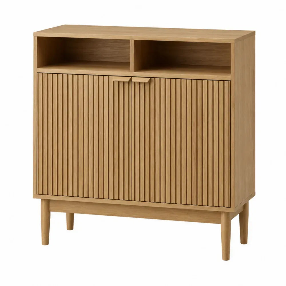 Aparador rectangular de MDF efecto roble claro con 2 puertas ranuradas y estantes abiertos 100 x 40 x 95 cm