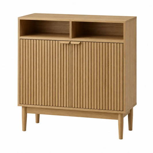 Aparador rectangular de MDF efecto roble claro con 2 puertas ranuradas y estantes abiertos 100 x 40 x 95 cm