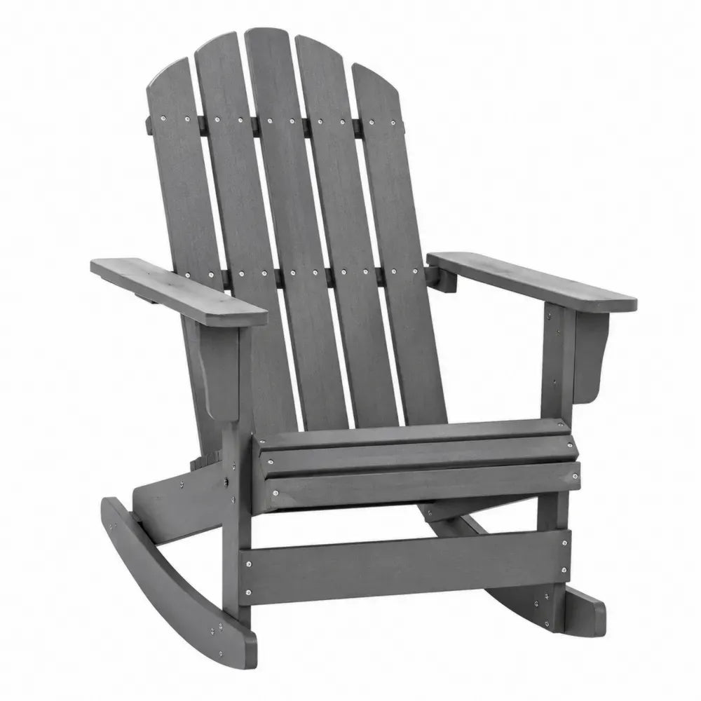 silla mecedora de exterior madera maciza de acacia color gris 95 cm alto 75 cm ancho 90 cm profundidad estilo Adirondack