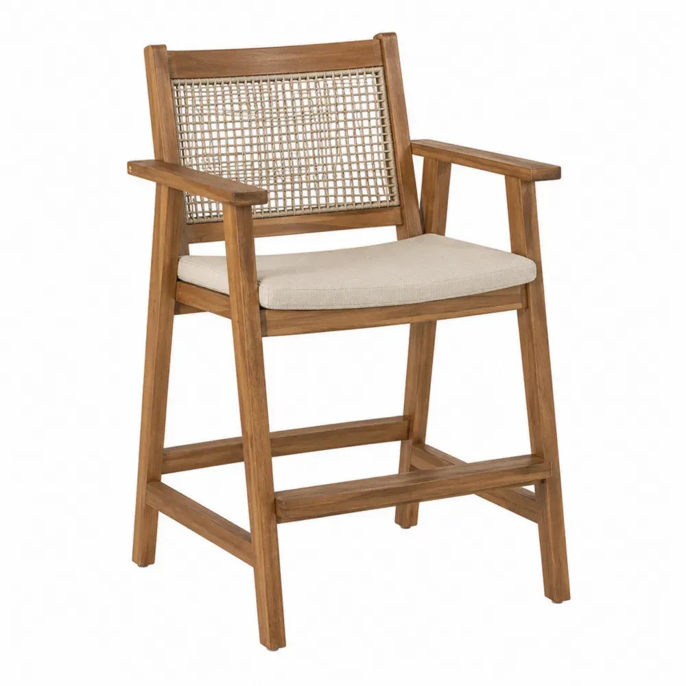 silla de exterior de madera maciza con respaldo de cuerda trenzada y cojín beige estilo moderno