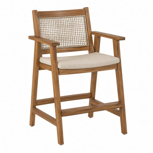 silla de exterior de madera maciza con respaldo de cuerda trenzada y cojín beige estilo moderno