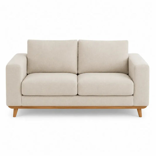 sofá de 2 plazas tapizado tejido poliéster beige estructura madera maciza patas de madera longitud 160 cm ancho 85 cm alto 80 cm