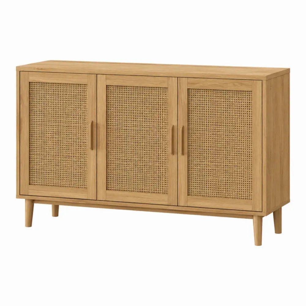 Aparador buffet de MDF con 3 puertas de rejilla de ratán madera clara estructura rectangular 140 x 40 x 75 cm