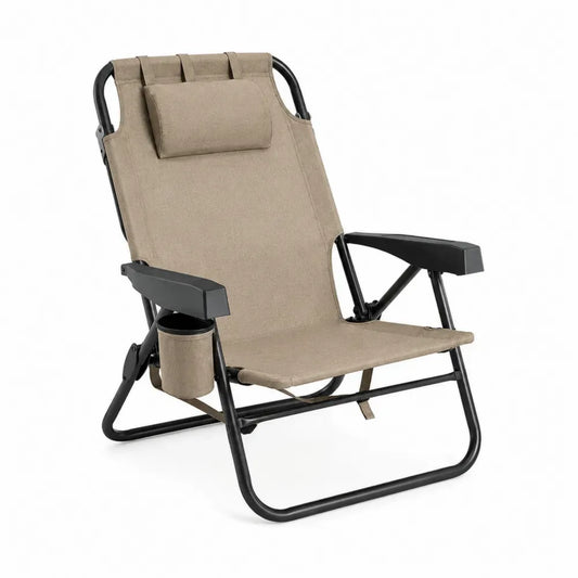 Silla plegable de exterior con reposacabezas portavasos estructura de acero negro y tejido Oxford beige 90 x 60 x 100 cm