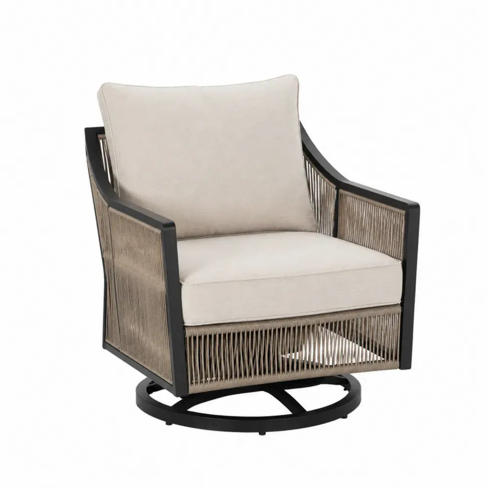 Sillón giratorio de exterior con cojines cuerda PE trenzada estructura negra y base circular 80 x 80 x 85 cm