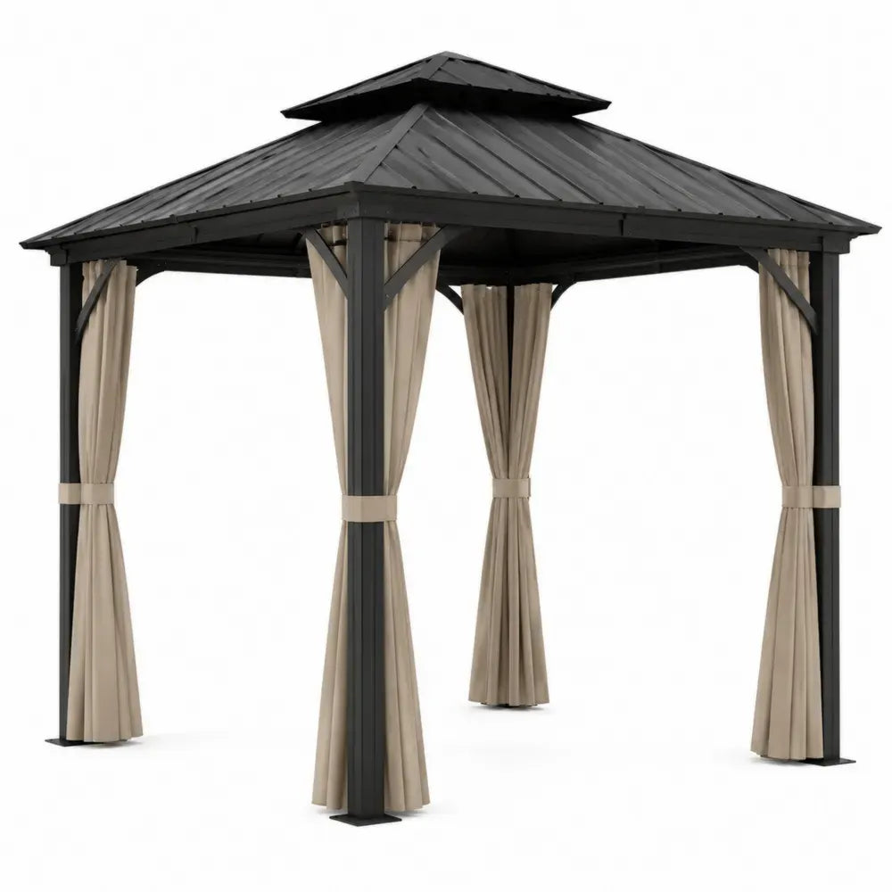 Pérgola gazebo de exterior 300 x 300 x 280 cm con estructura de acero negro techo rígido de acero y cortinas beige
