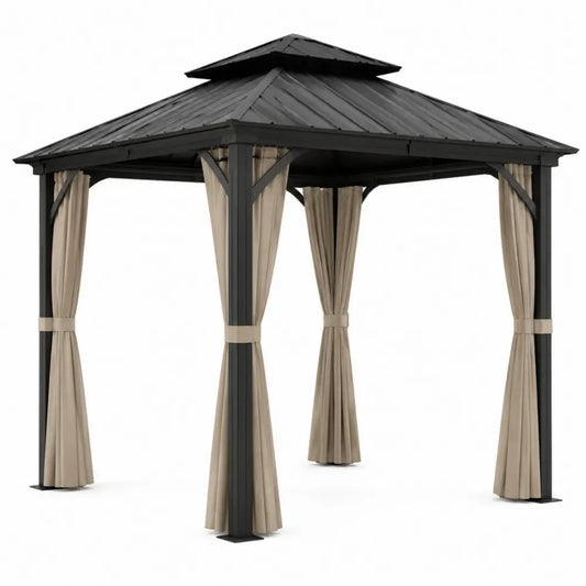 Pérgola gazebo de exterior 300 x 300 x 280 cm con estructura de acero negro techo rígido de acero y cortinas beige