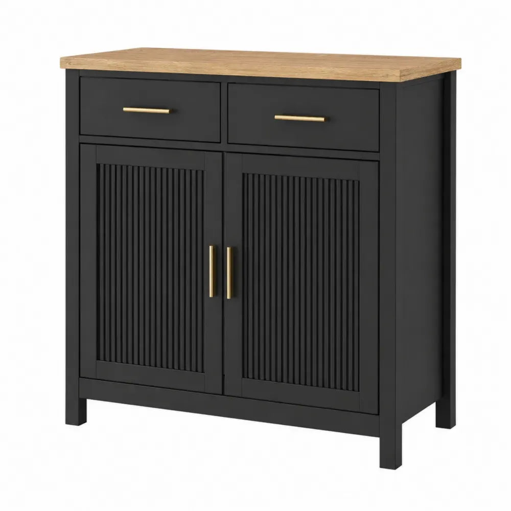 Aparador rectangular de MDF negro con encimera efecto roble 2 cajones y 2 puertas ranuradas 100 x 40 x 85 cm
