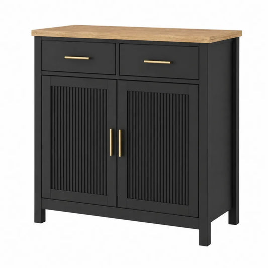 Aparador rectangular de MDF negro con encimera efecto roble 2 cajones y 2 puertas ranuradas 100 x 40 x 85 cm
