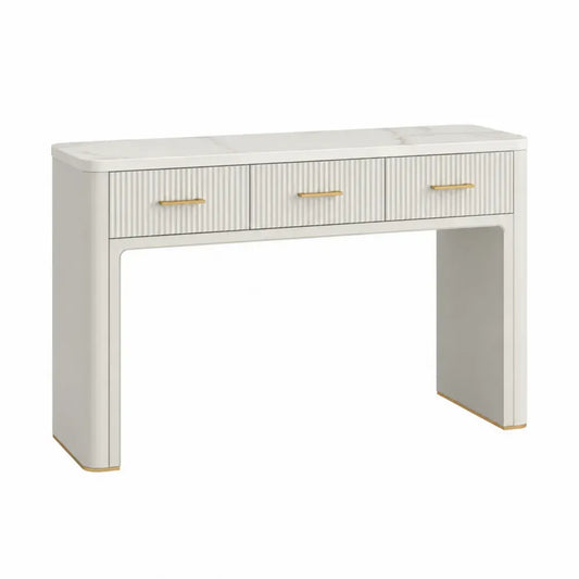 Mesa consola de MDF con encimera efecto mármol tres cajones estriados color crema y dorado 120 x 40 x 80 cm