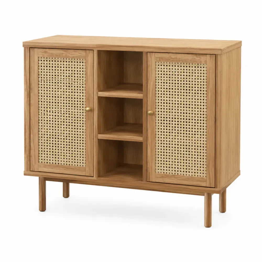 Aparador buffet de madera clara MDF con 2 puertas de rejilla de ratán y estantes centrales abiertos 120 x 40 x 90 cm